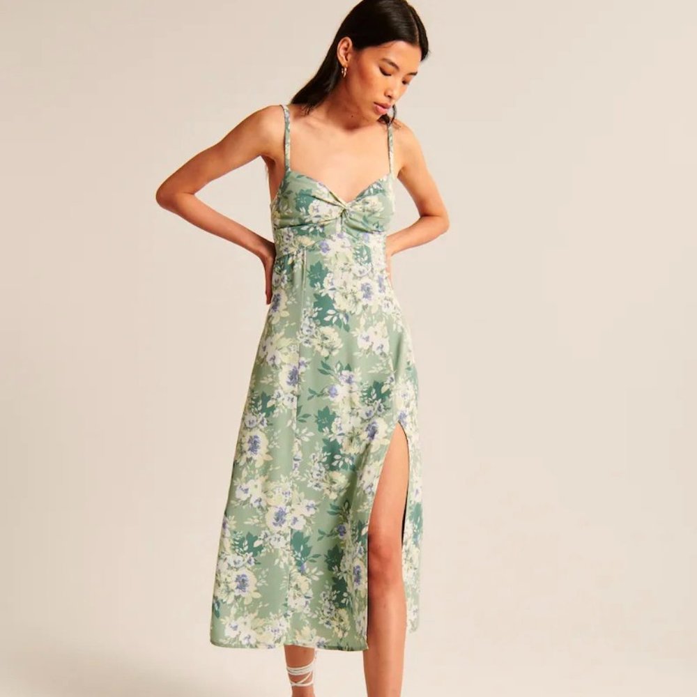 Abercrombie Twist Front Midi Dress Green Print